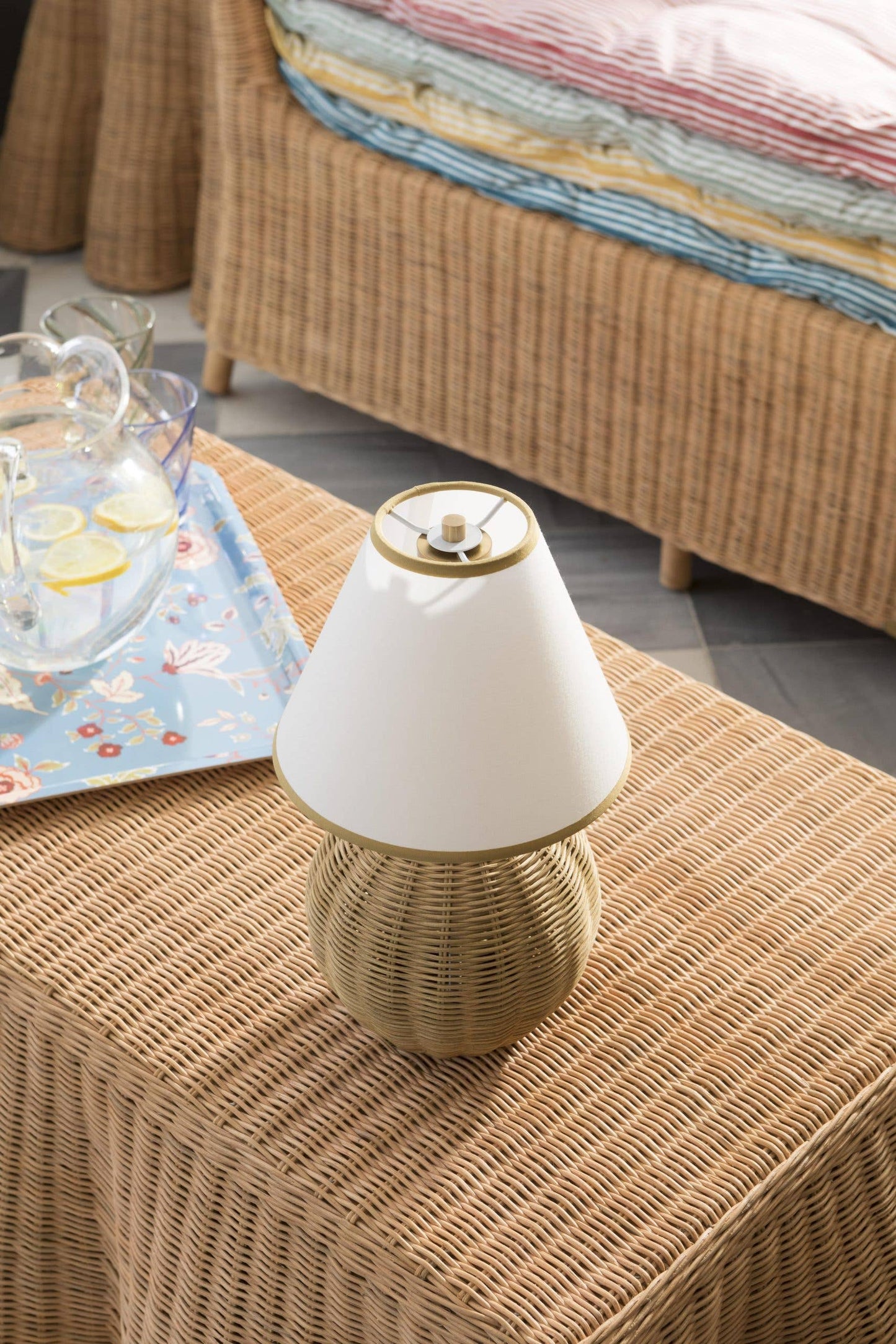 Rattan Ball Cordless Table Lamp Mustard Trim Lampshade