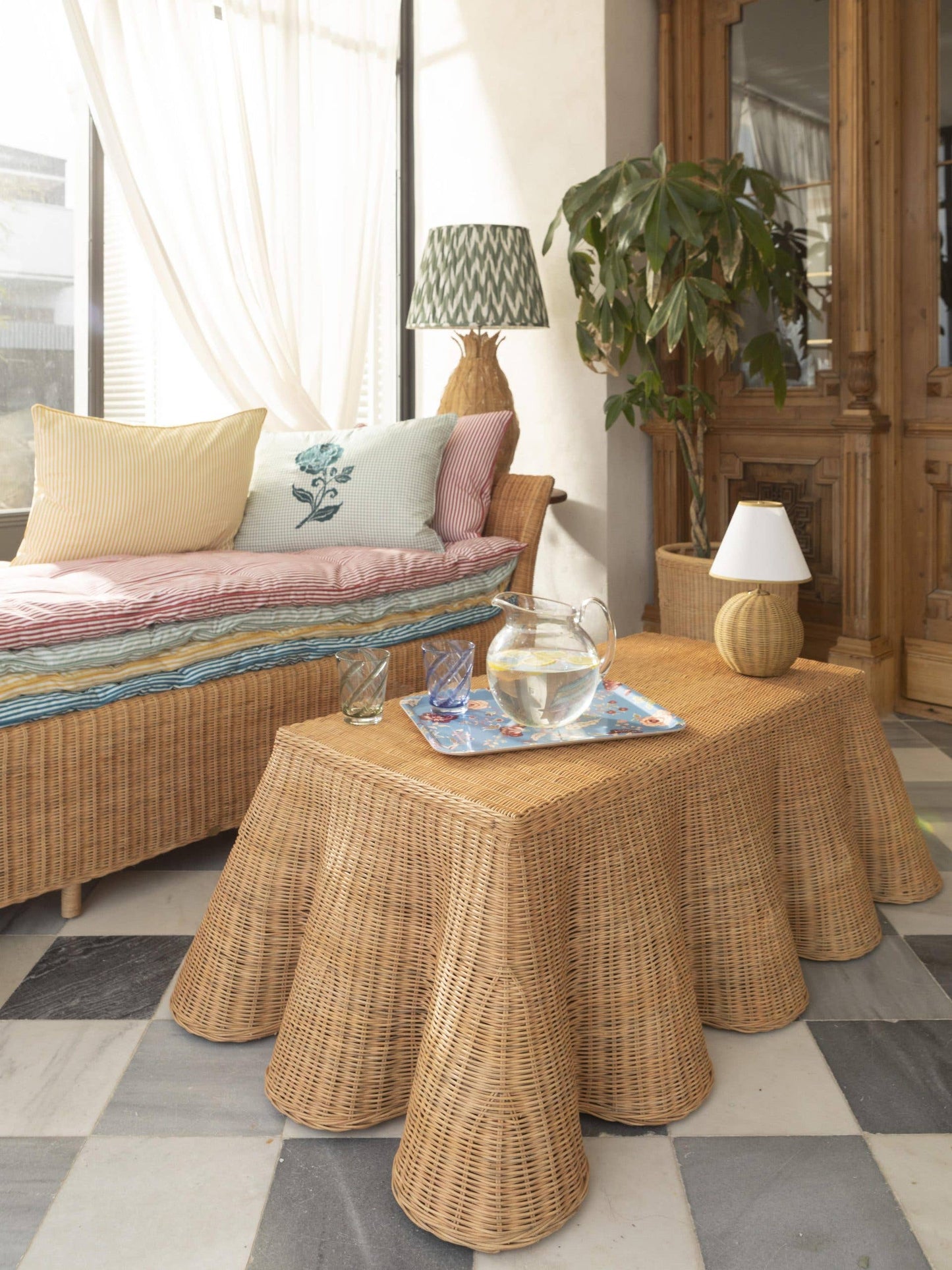 Rattan Ball Cordless Table Lamp Mustard Trim Lampshade