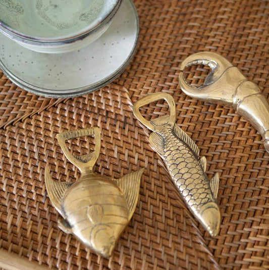 Brass rasbora fish bottle opener, alternate view