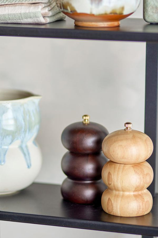Marge wooden salt and pepper grinders by Bloomingville styled on a table