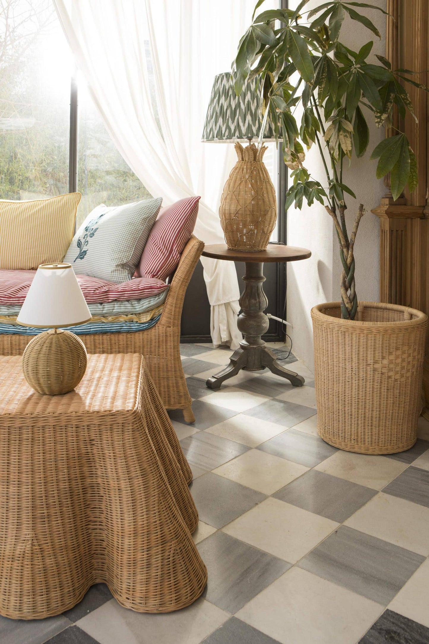 Rattan Ball Cordless Table Lamp Mustard Trim Lampshade