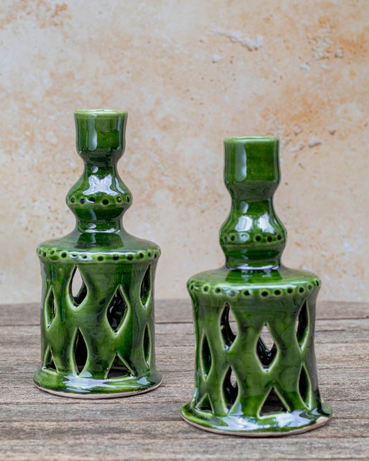 Moroccan Green Ceramic Candlestick Holder