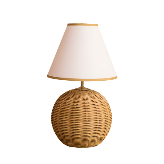 Rattan Ball Cordless Table Lamp Mustard Trim Lampshade