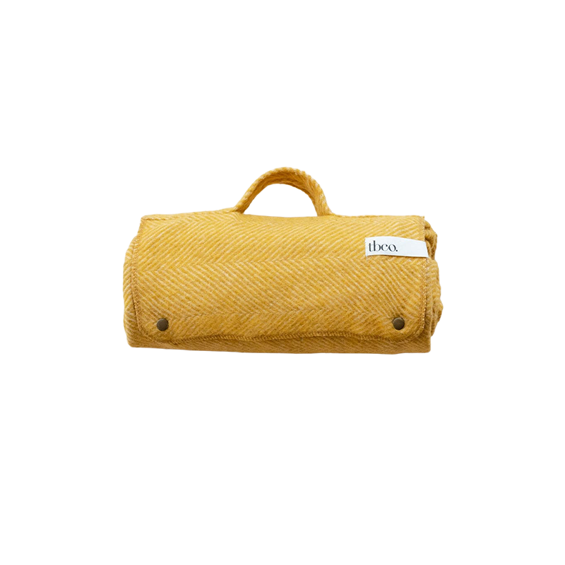 Recycled Wool Small Picnic Blanket in Golden Herringbone