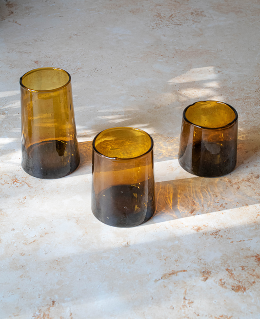 Handblown Moroccan Beldi glass tumbler in amber recycled glass