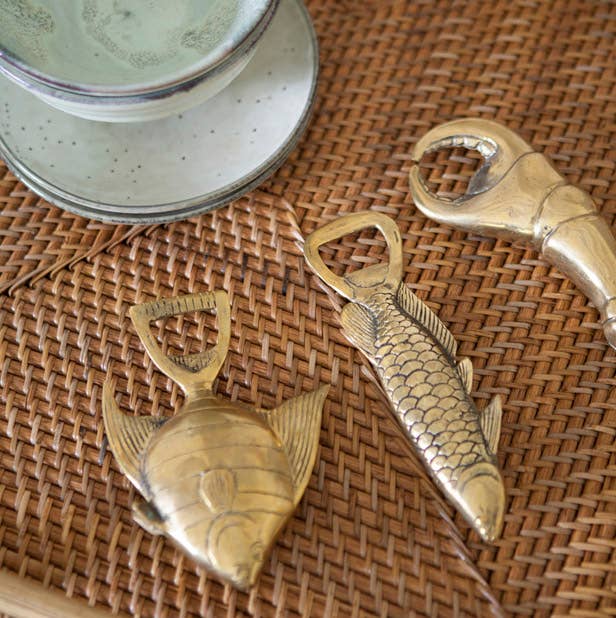 Brass rasbora fish bottle opener, alternate view