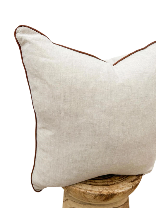 Linen Cushion Cover with Piped edge - Natural with Coffee Pipping