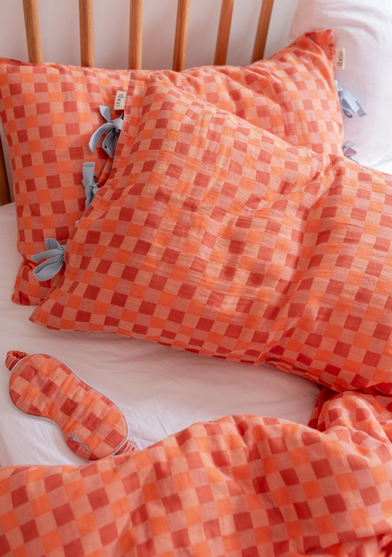 Pair of Cotton Pillowcases in Apricot Checkerboard