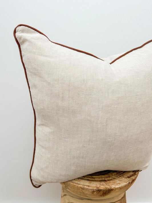 Linen Cushion Cover with Piped edge - Natural with Coffee Pipping