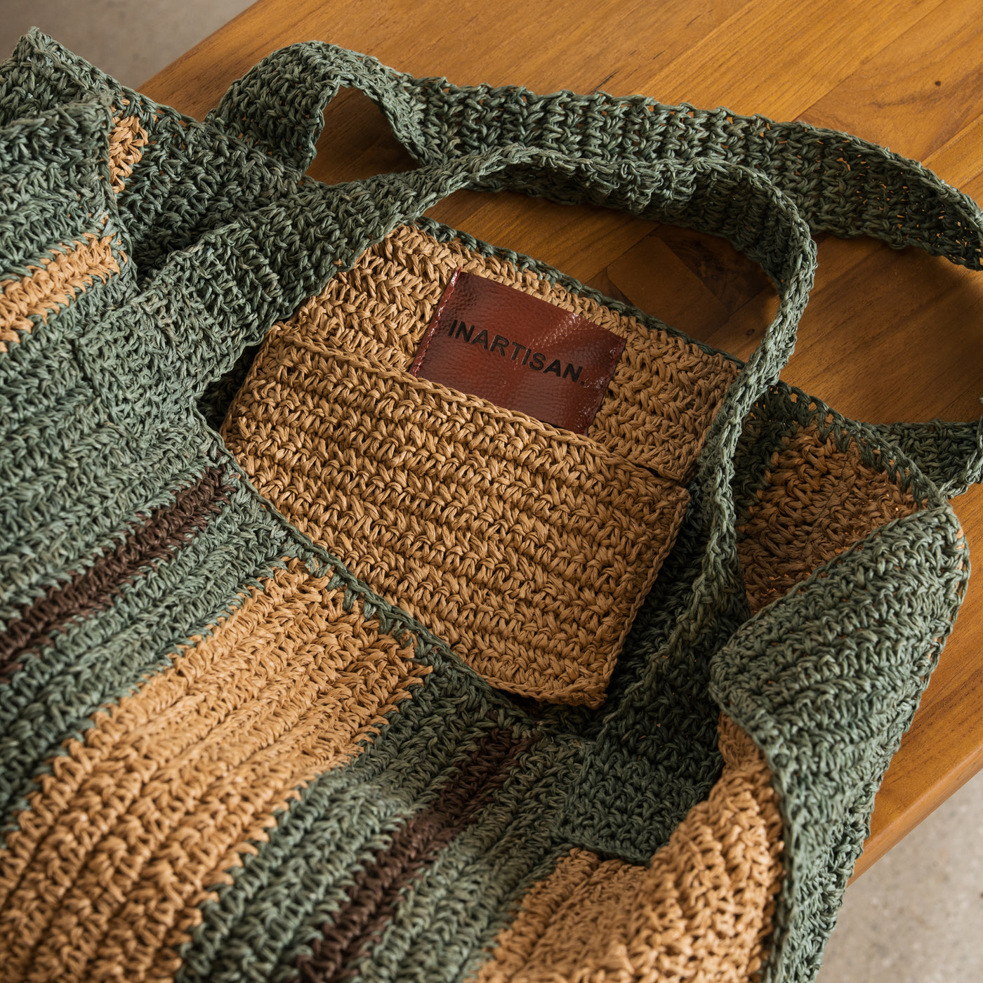 MAE COLOUR BLOCK RAFFIA BAG - MINERAL AND HAZELNUT