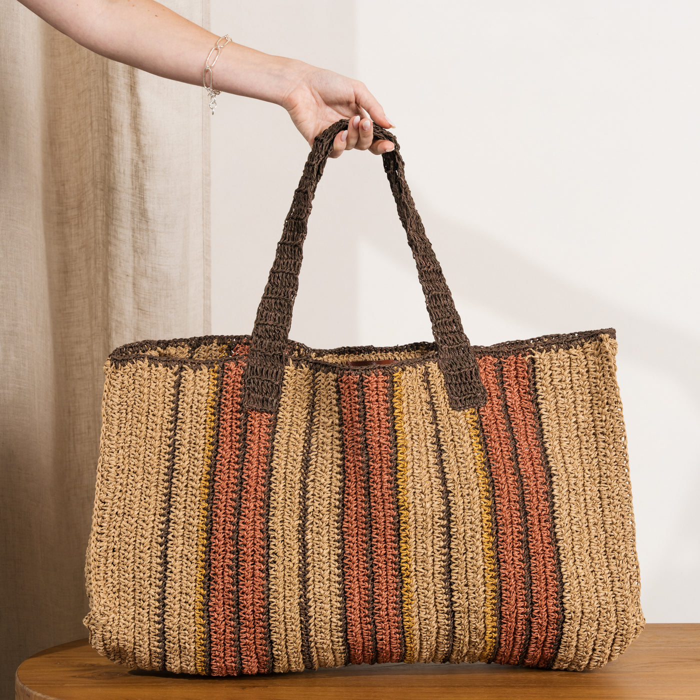 Romi Striped Raffia Bag - Pepperberry and Mustard