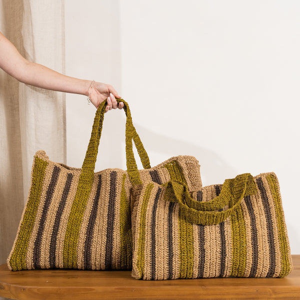 Soline Striped Raffia Bag - Olive & Hazelnut Stripe