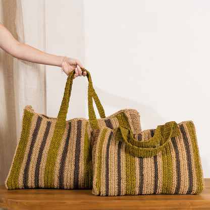 Soline Striped Raffia Bag - Olive & Hazelnut Stripe