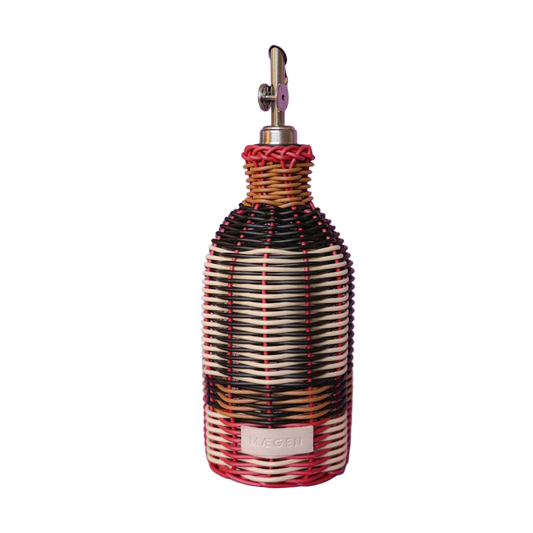 MÆGEN hand-woven glass oil pourer in black and cream with stainless steel pourer top