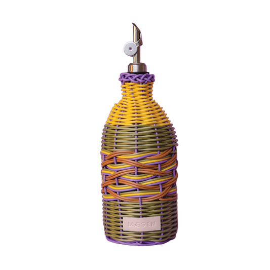 MÆGEN hand-woven glass oil pourer in yellow and lilac with stainless steel pourer top